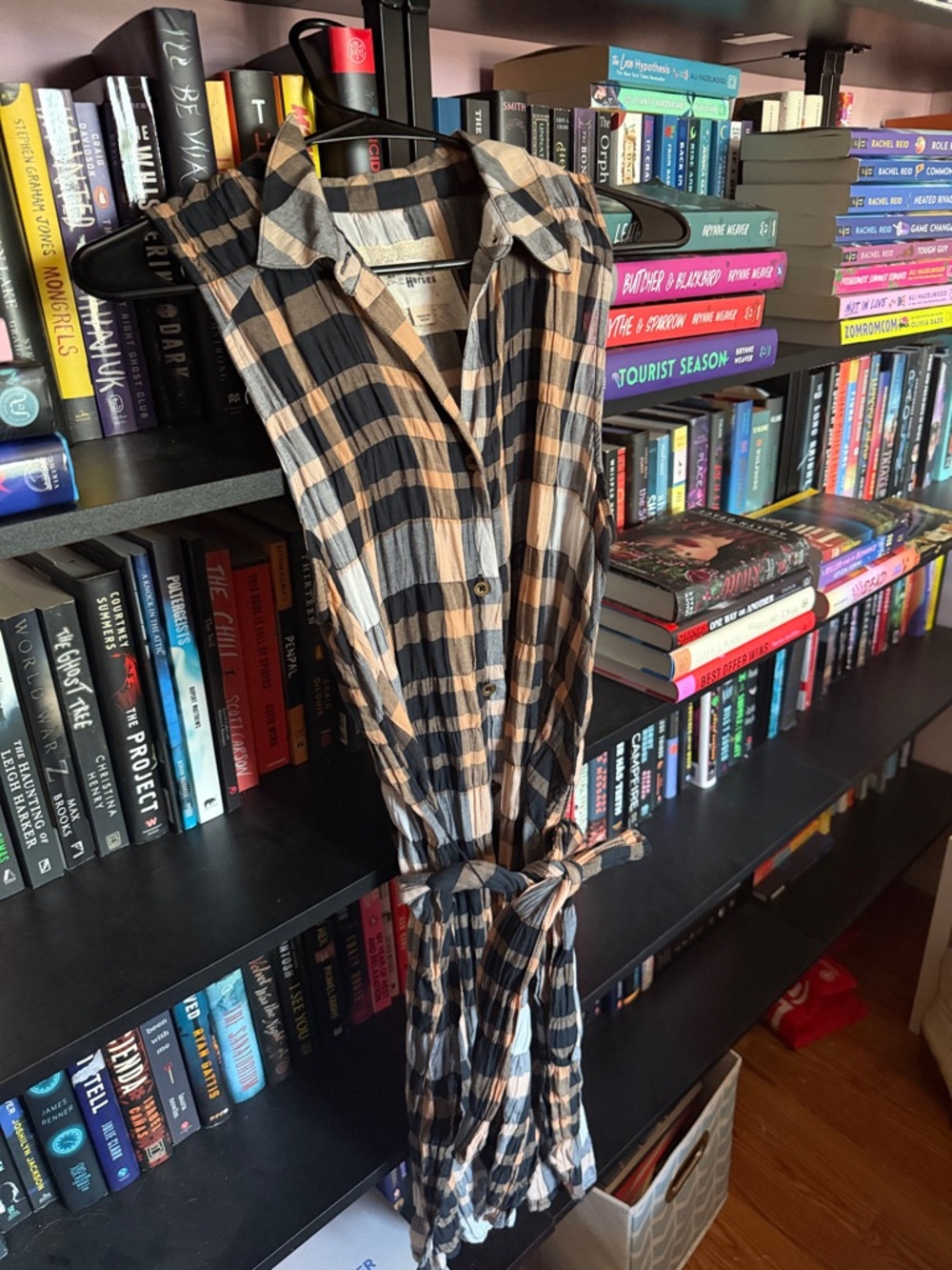 HOLDING HORSES Sleeveless Midi Shirt Dress in Black and Tan Plaid
